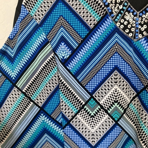 JM Collection Beaded Dress in Geometric Blue Print Size XL - Picture 7 of 9